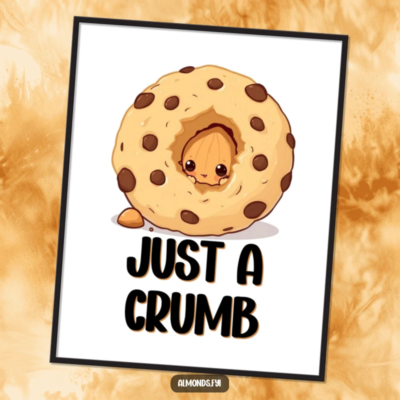 Funny poster art of a curious almond character peeking from behind a colossal cookie crumb, with an expression of wonder and temptation.