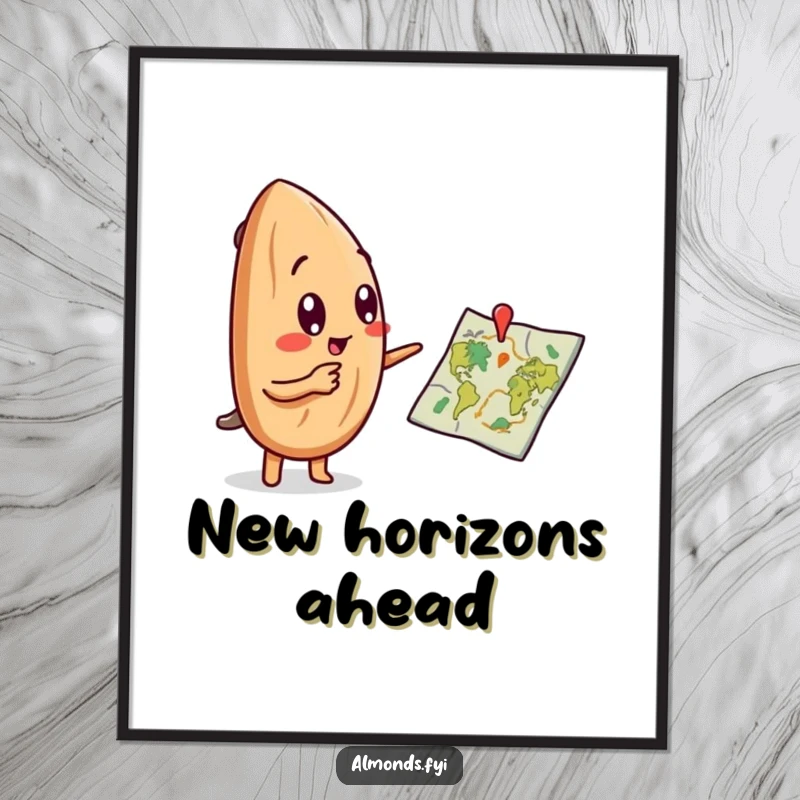 Funny poster artwork of a curious almond character triumphantly pointing at a stylized, miniature treasure map.