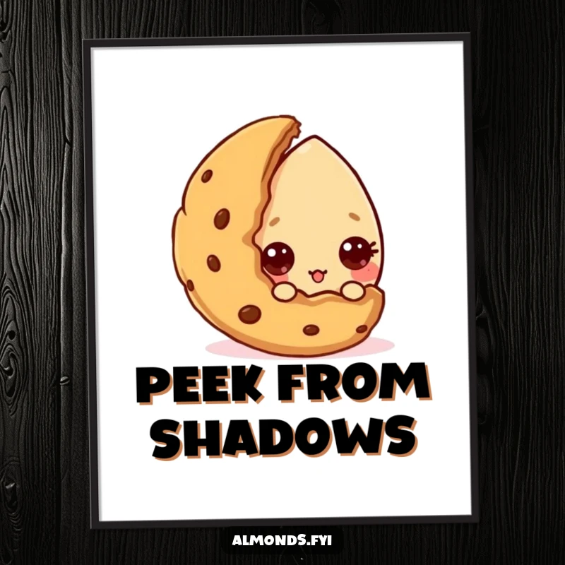 Funny poster featuring a curious almond character peeking from behind a cookie, creating a sense of playful discovery. A great funny gift.