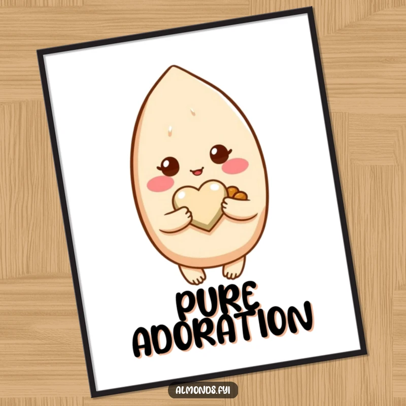 Funny poster artwork of a blushing almond character tenderly presenting a small, precious heart-shaped nut.
