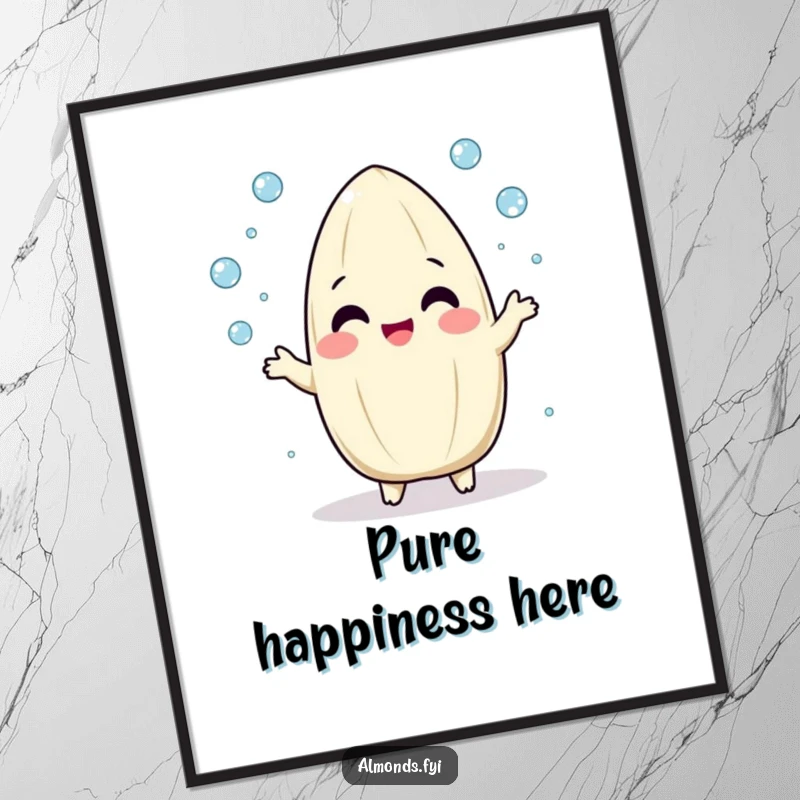 Funny poster of a playful, round almond character gleefully juggling small, sparkling dew drops, creating a whimsical scene.