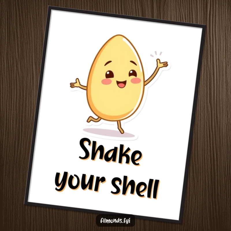 A cheerful almond character performing a silly dance with tiny, wiggling legs, presented as a funny and energetic poster.