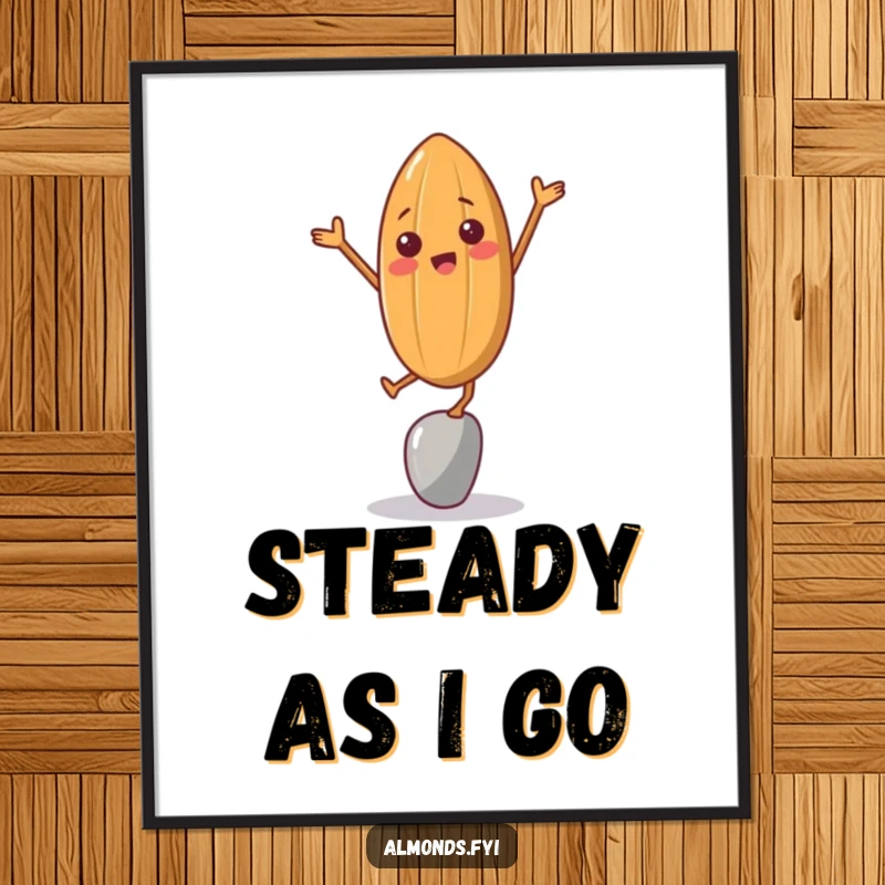 Funny poster illustrating a cheerful almond character in a comical balancing struggle, adding humor to wall decor.