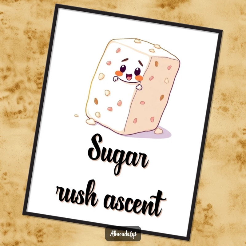 Funny poster showcasing a determined almond character painstakingly climbing a colossal sugar cube, capturing the essence of effort.