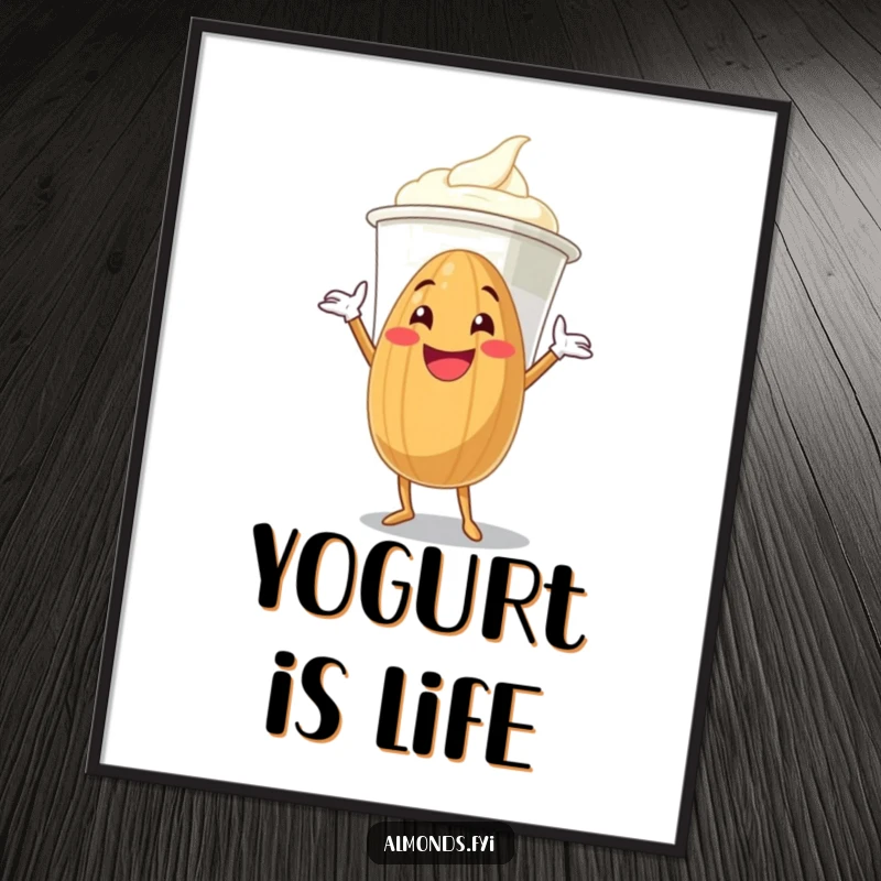 Funny grinning almond character with arms outstretched, hugging a giant yogurt cup, presented as a humorous art print.