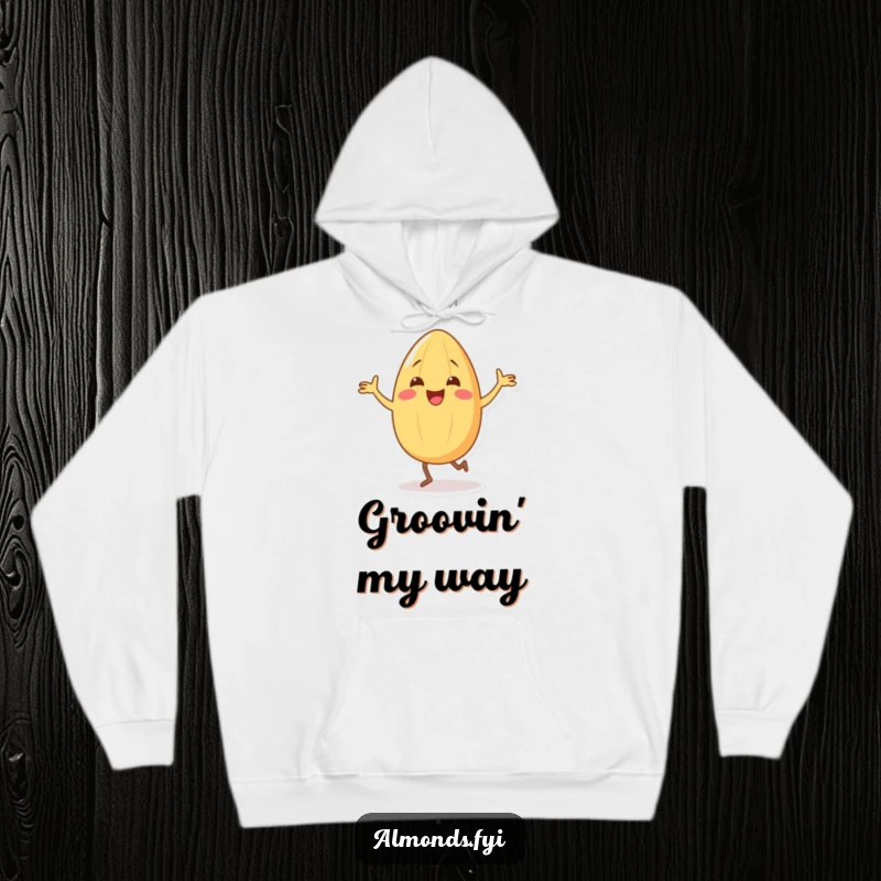 Funny hoodie displaying a delighted almond character doing a whimsical dance, emphasizing its comically tiny legs.