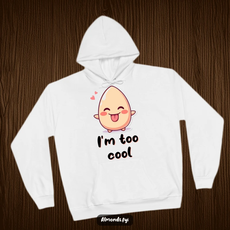 Funny hoodie design of a cute almond character playfully sticking out its tongue with a cheeky, wide grin.