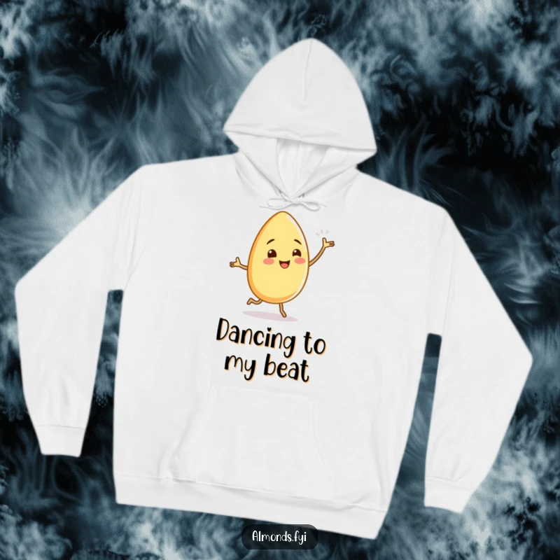 Funny almond character dancing with tiny, wiggling legs, printed on a soft hoodie for ultimate comfort and humor.