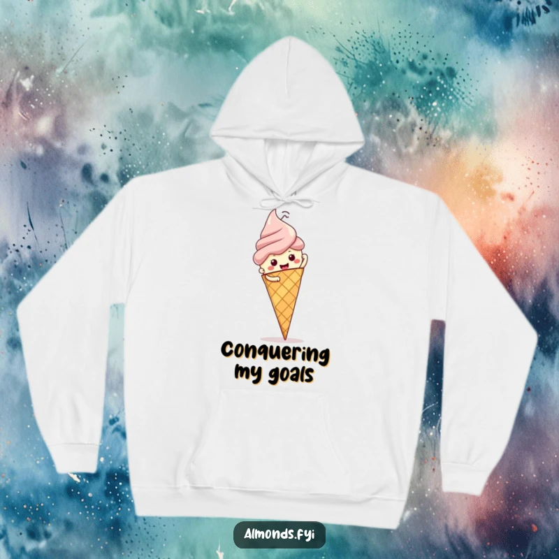 Funny hoodie: tenacious almond character ascending a colossal ice cream cone, a symbol of overcoming sweet obstacles.