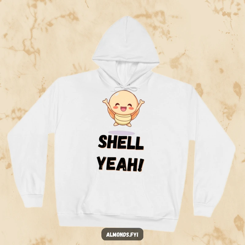 Funny Hoodie: A cheerful, happy shell character in a joyful mid-jump pose, radiating pure delight.