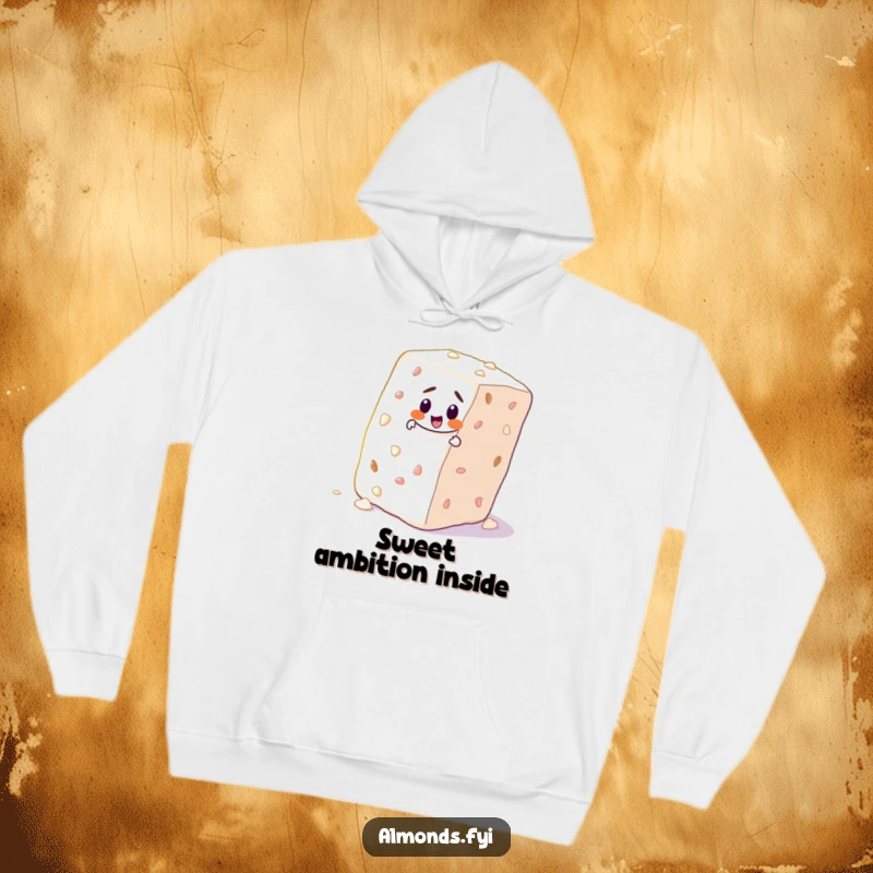 Funny hoodie featuring a determined almond character scaling a huge sugar cube, embodying the struggle and triumph of ambition.