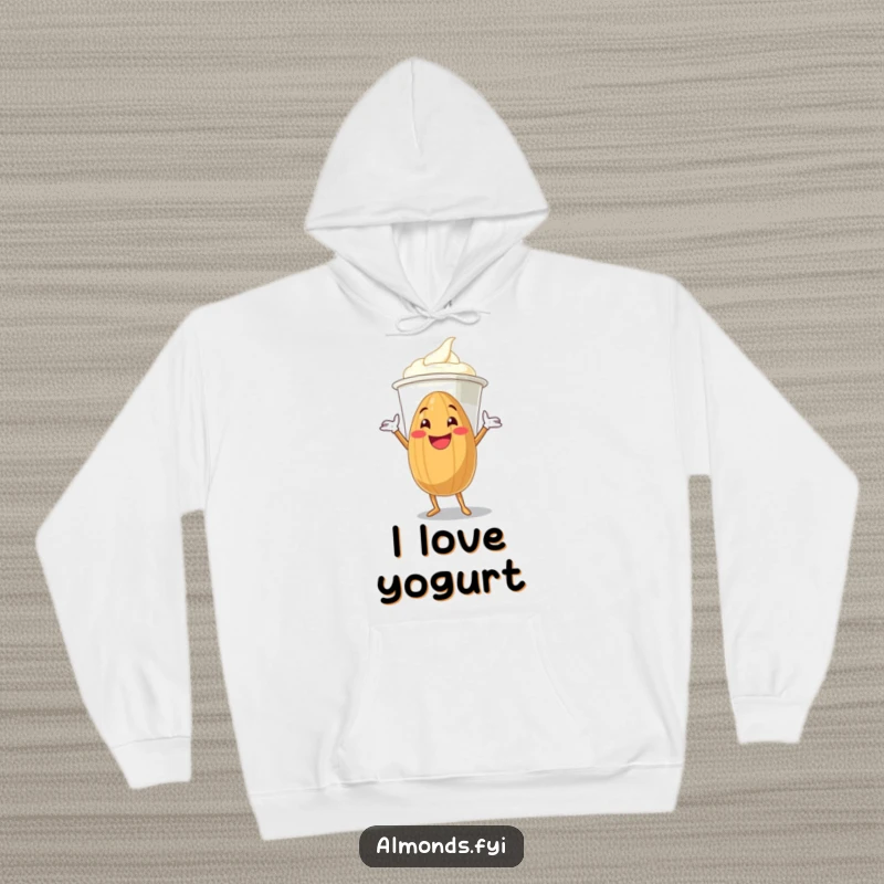 Funny grinning almond character attempting to hug a giant yogurt cup on this soft and funny hoodie.