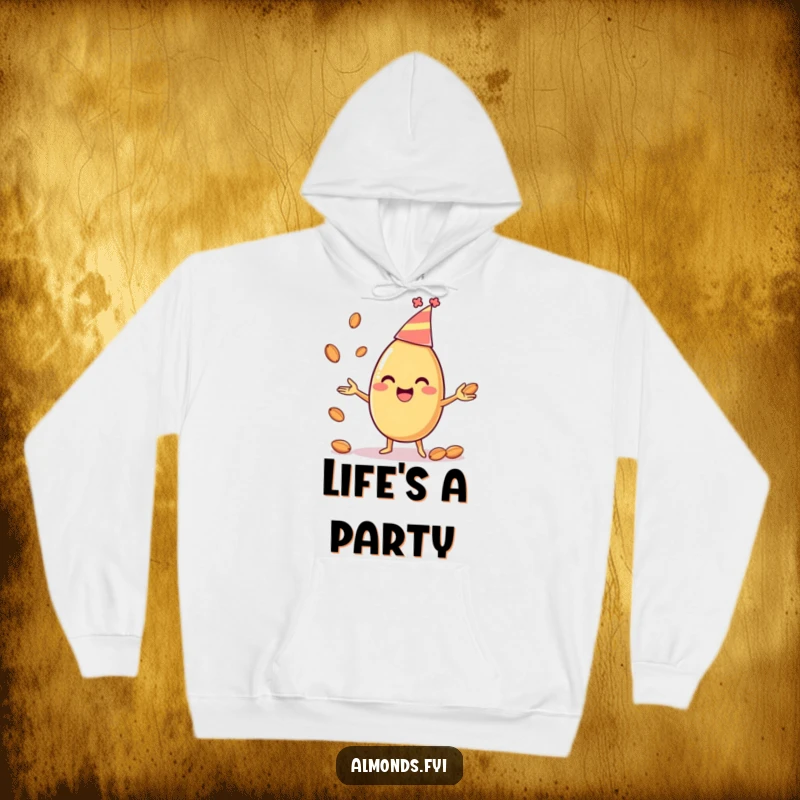 Funny hoodie showcasing a happy almond character wearing a tiny party hat, impressively juggling smaller almonds, perfect for cozy festivities.