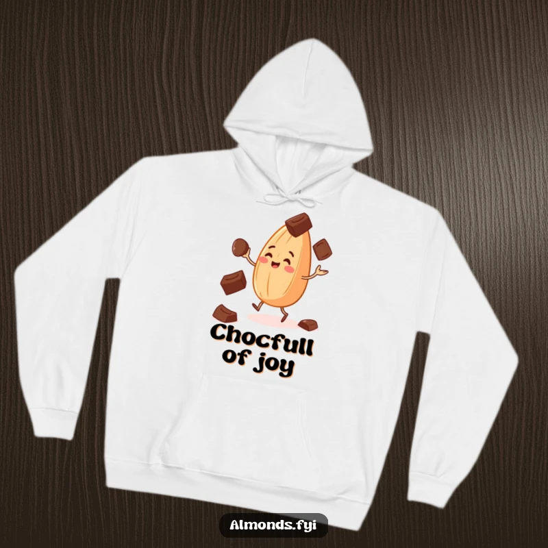Funny hoodie with a cheerful almond juggling chocolate chips, perfect for cozy, humorous loungewear.