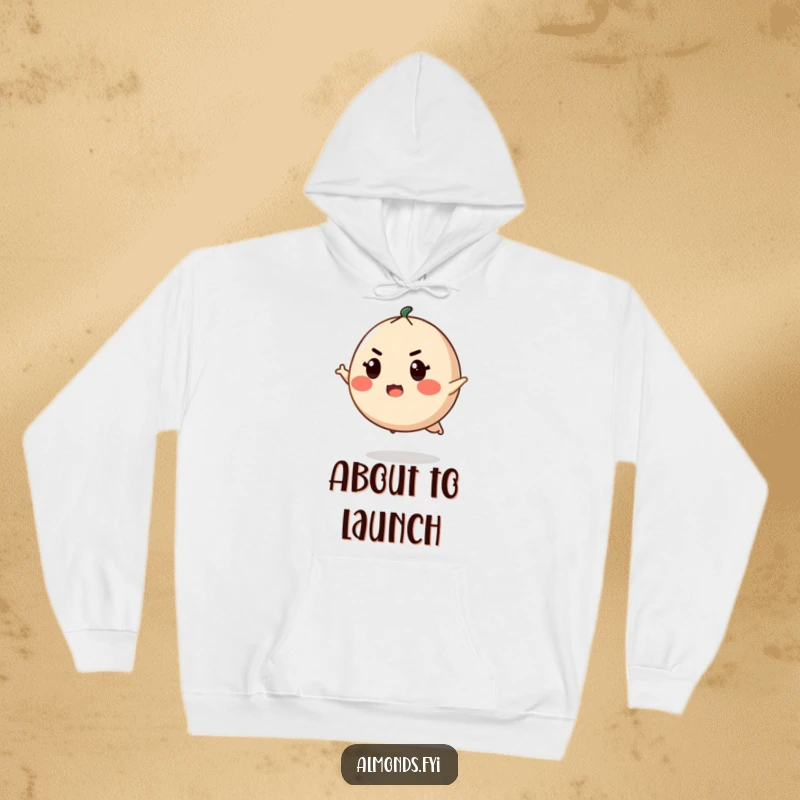 Funny hoodie with a determined, round almond character with an intense expression, poised for a mighty leap.