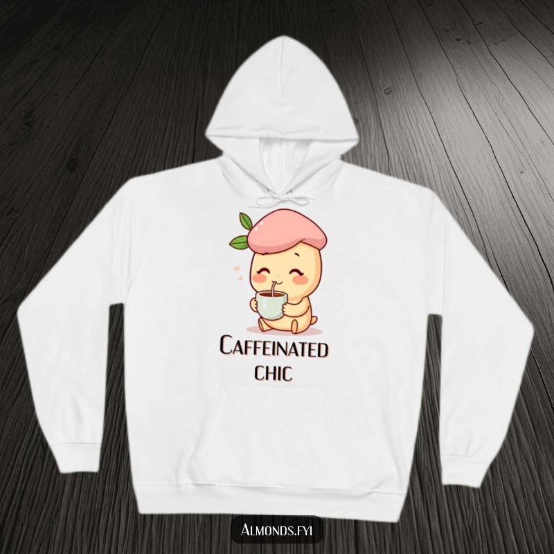 Funny hoodie featuring a happy almond character in a beret sipping coffee, symbolizing cozy sophistication.