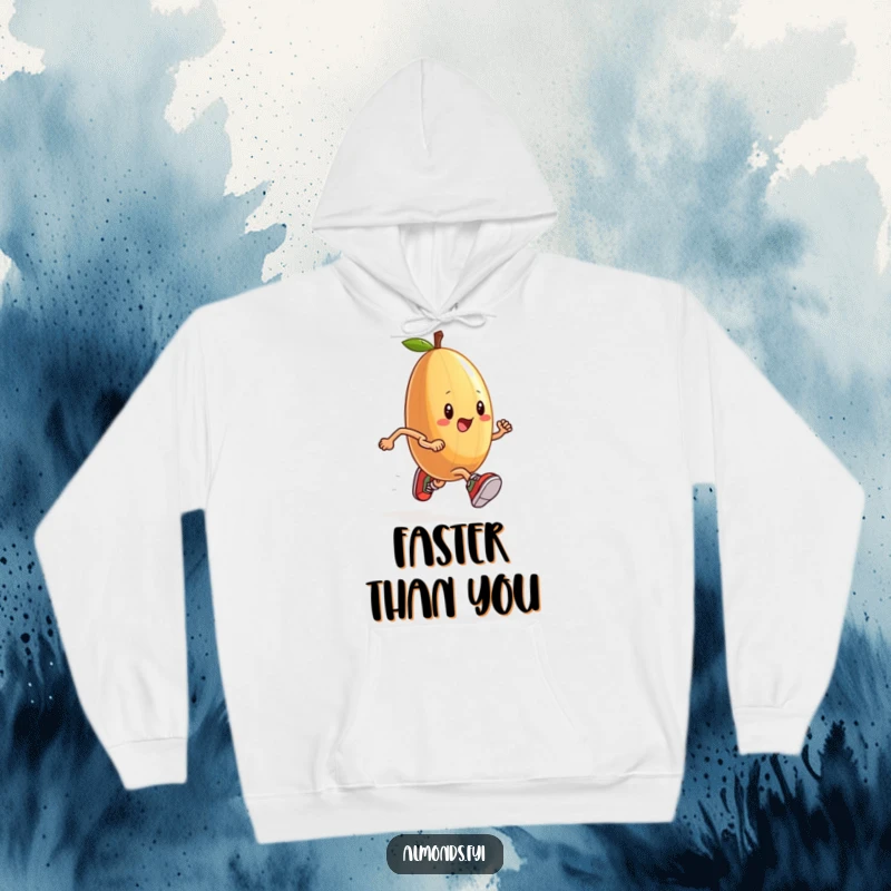 Funny hoodie featuring an anthropomorphic almond wearing tiny sneakers, running a race with a determined, humorous stride.
