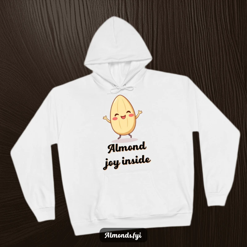 Funny hoodie depicting a smiling almond character dancing energetically with tiny legs, perfect for spreading joy and warmth.