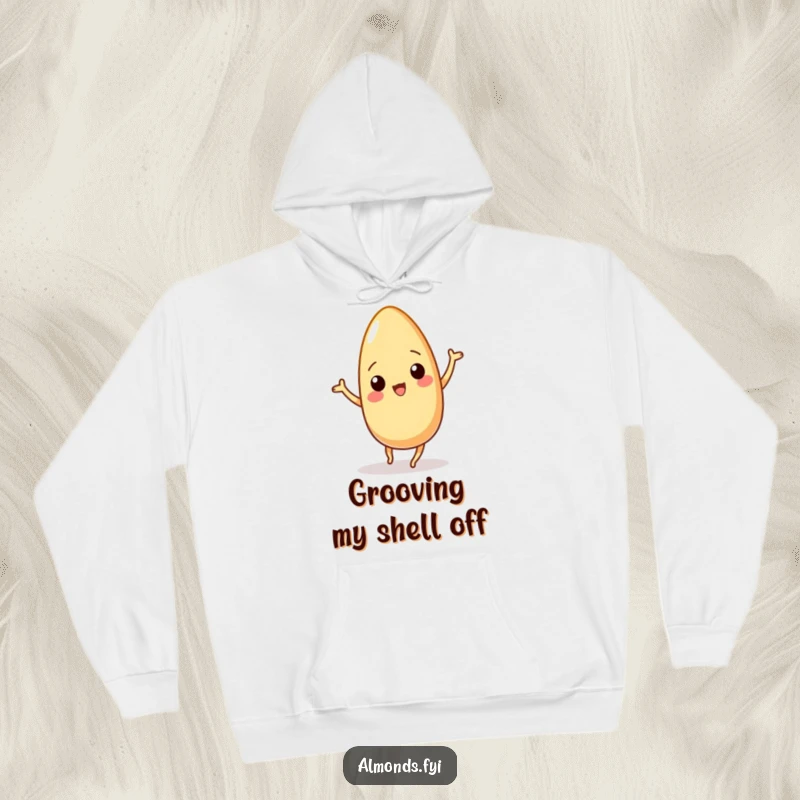 Funny hoodie featuring a wiggling almond character mid-dance, capturing a moment of pure, unadulterated nutty fun and energy.