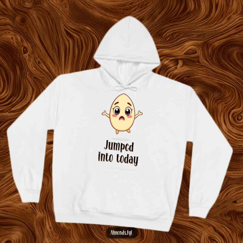 Funny hoodie featuring a surprised almond character with large eyes, caught in a funny, silly jump, perfect for expressing playful shock.