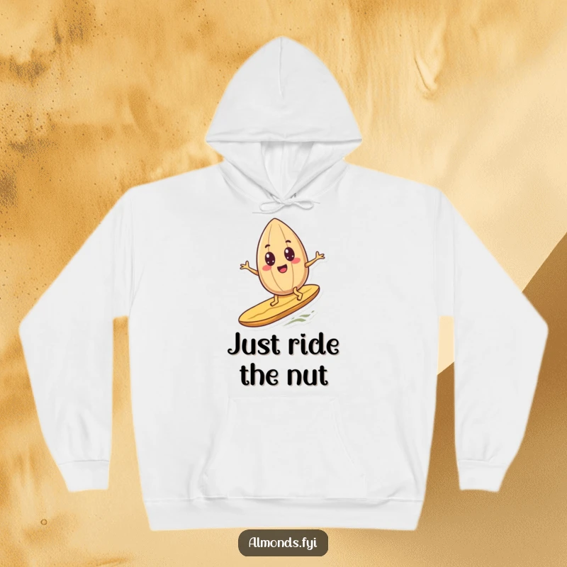 Funny googly-eyed almond character hilariously surfing a peanut on a cozy hoodie, radiating pure joy and silliness.