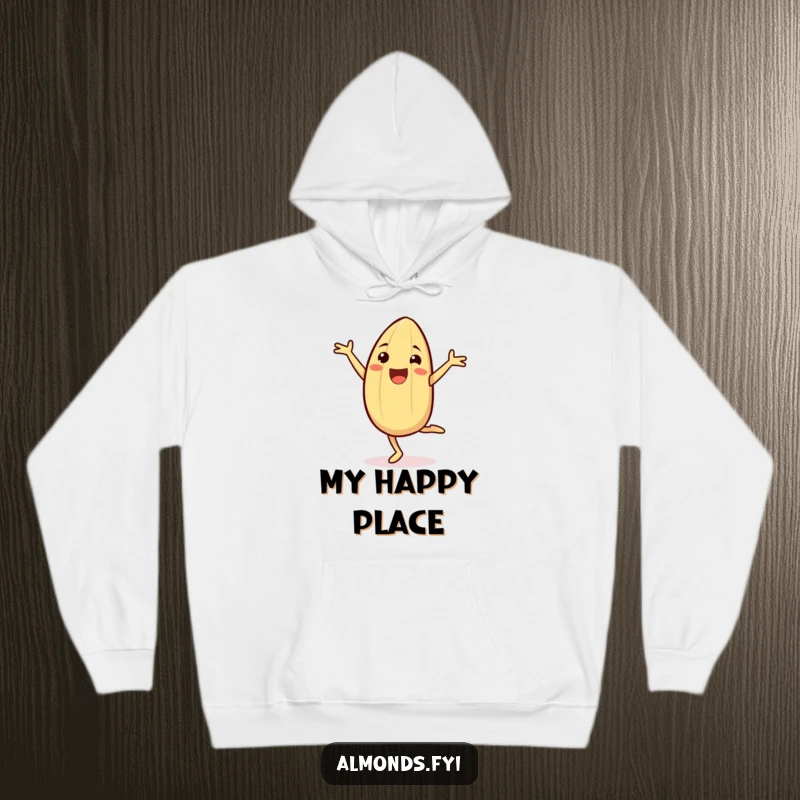 Funny Hoodie depicting a cheerful almond character in a dynamic cartwheel pose, radiating boundless joy and energy.