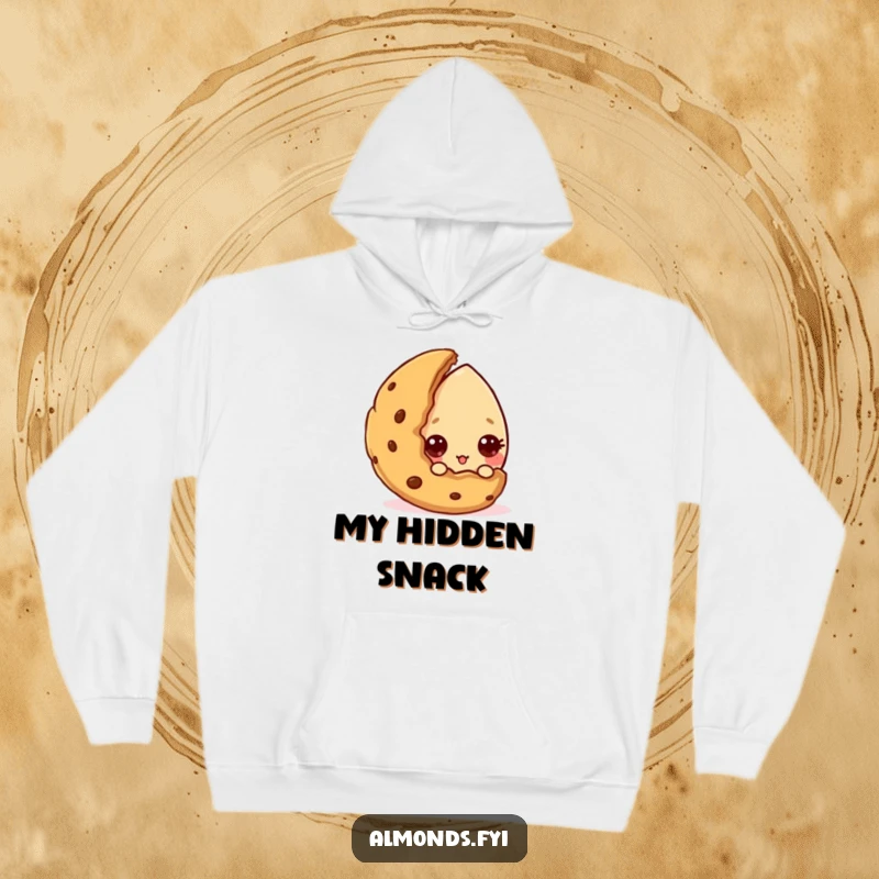 Funny hoodie with a curious almond peeking from behind a cookie, symbolizing sweet secrets and comfort. Excellent funny gift.
