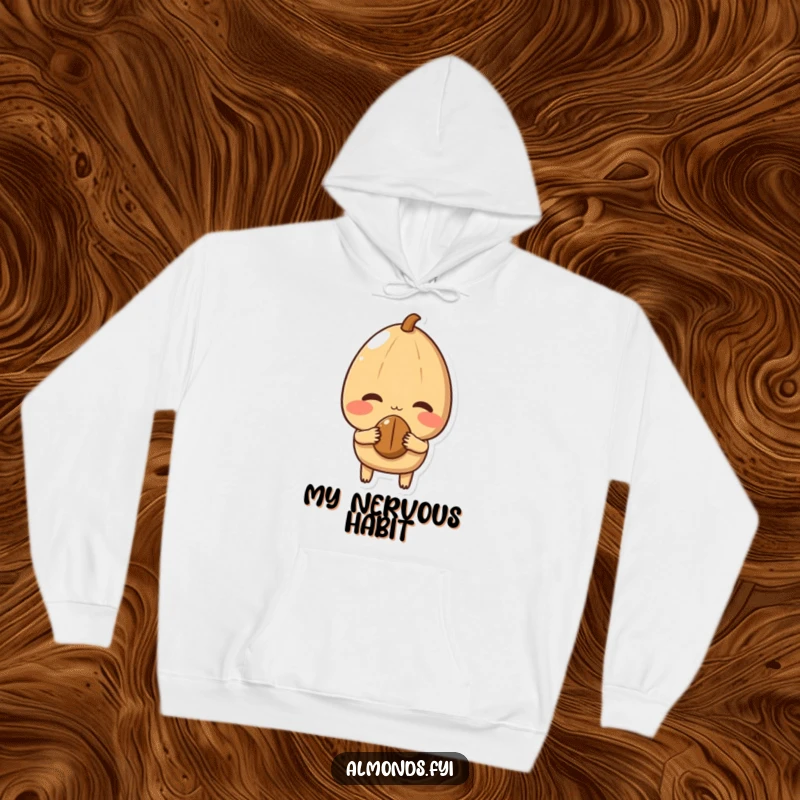 Funny Hoodie featuring a shy almond character blushing profusely while extending a small nut, offering warm, bashful comfort.