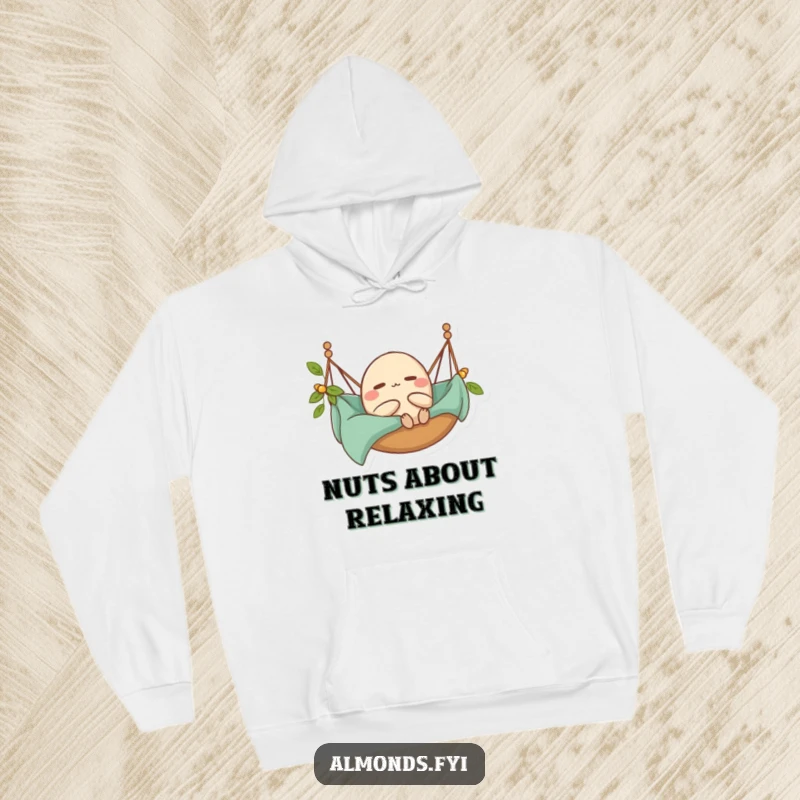 Funny Hoodie: A contented almond character blissfully relaxing in a hammock, exuding warmth and calm.