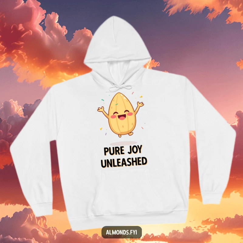 Funny hoodie depicting a cheerful almond character jumping with sprinkles, offering warmth and a touch of festive delight.