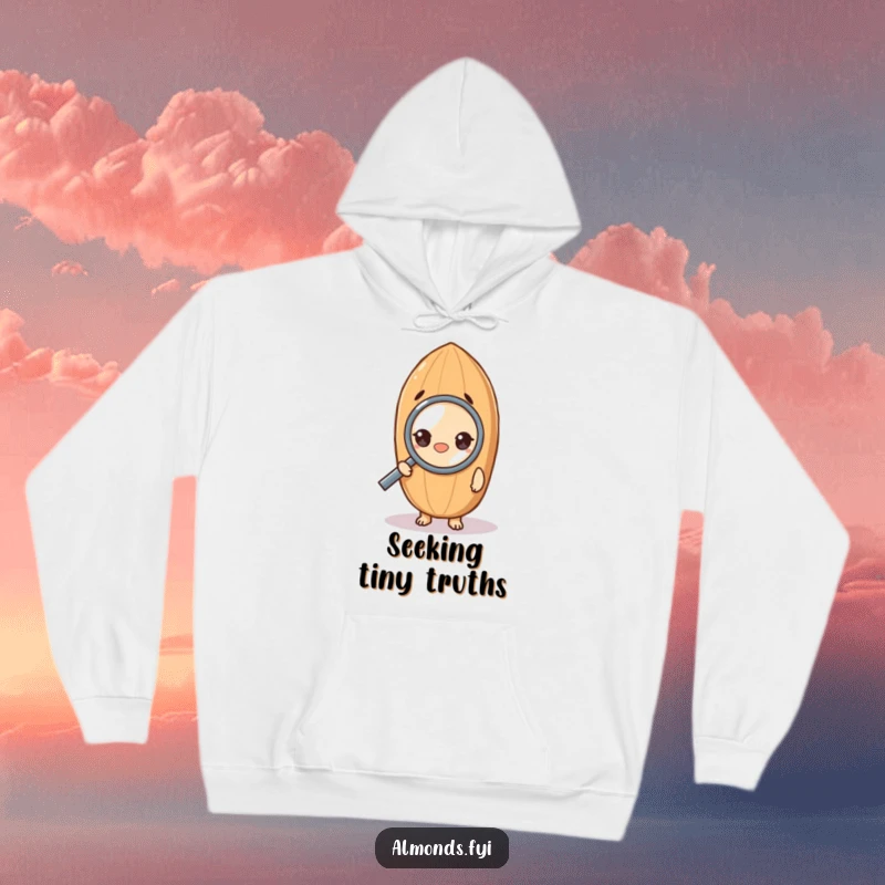 Funny hoodie print of a curious almond character intently using a magnifying glass, conveying a humorous investigation theme.