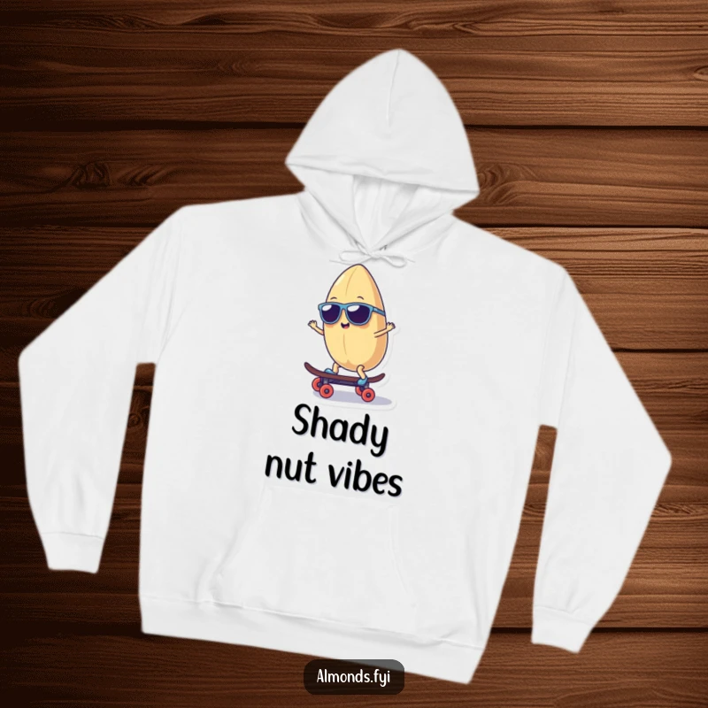 Funny hoodie showcasing a smiling almond character in sunglasses, cruising on a tiny skateboard, a cozy and humorous statement piece.