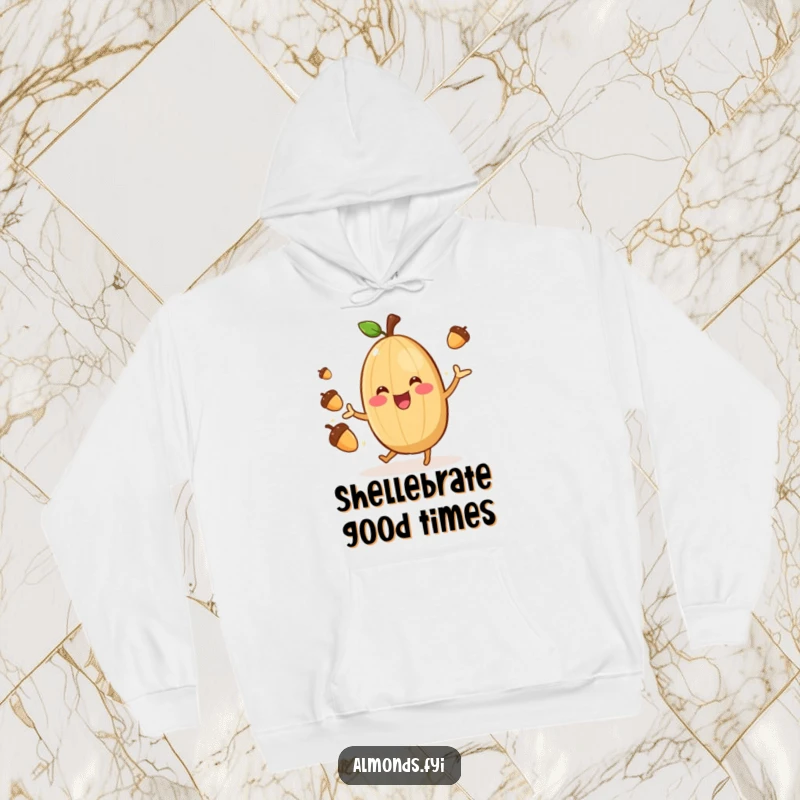 Funny Almond Juggler Hoodie: A cheerful almond character gleefully juggling acorns, designed for warmth and humor. A perfect funny gift.
