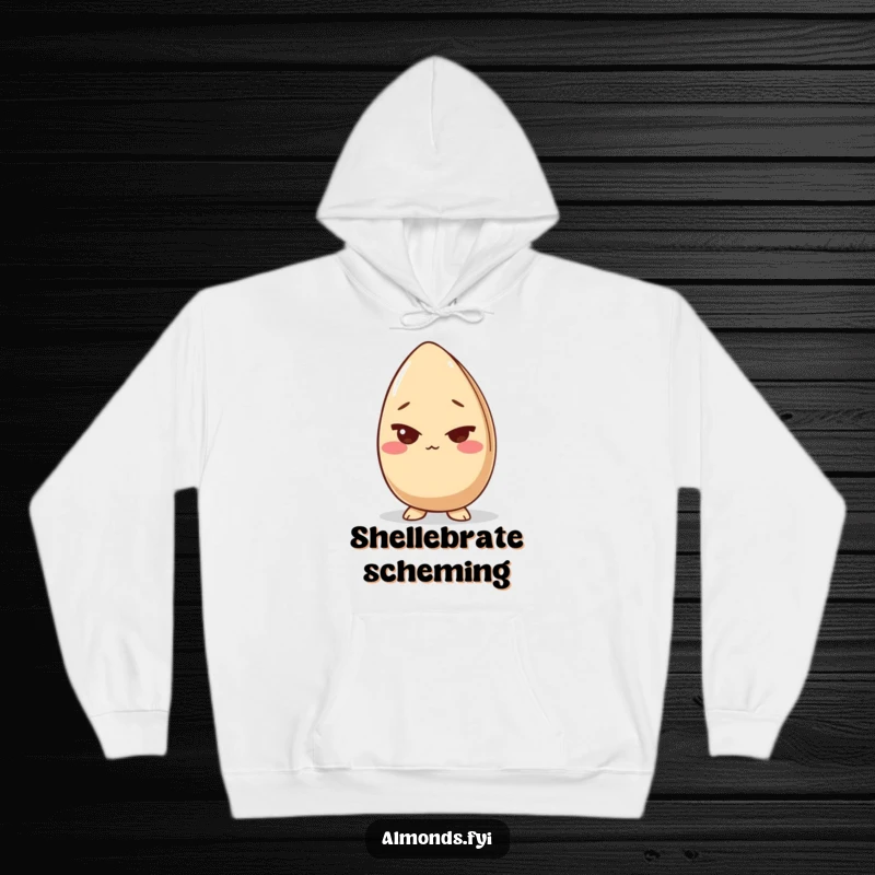 Funny hoodie showcasing a giggling almond character slyly winking, offering ultimate comfort and a playful splash of humor.