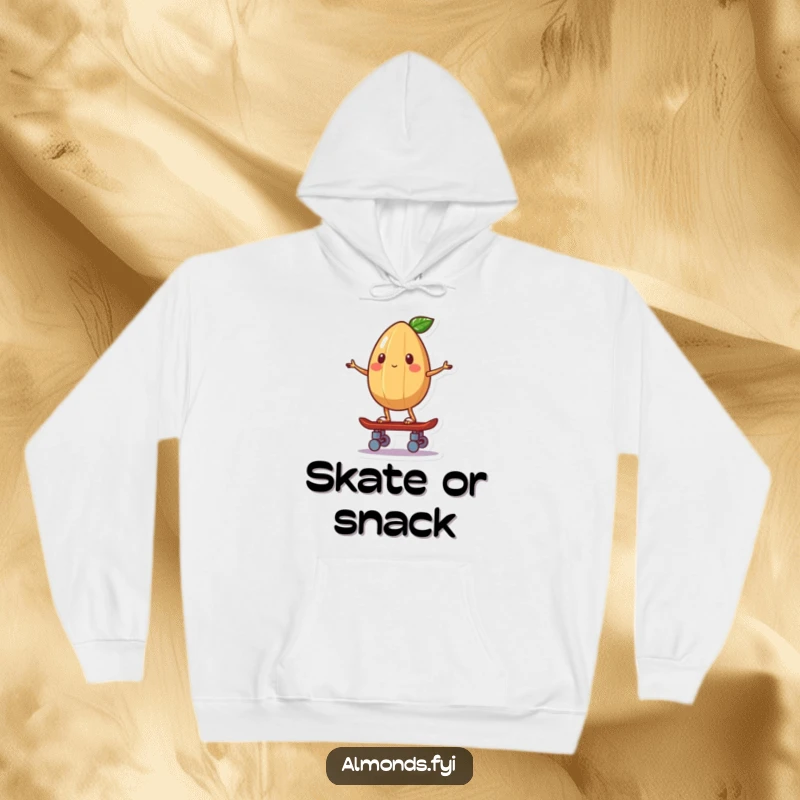 Funny hoodie design of a whimsical almond character performing a balancing act on a small skateboard.
