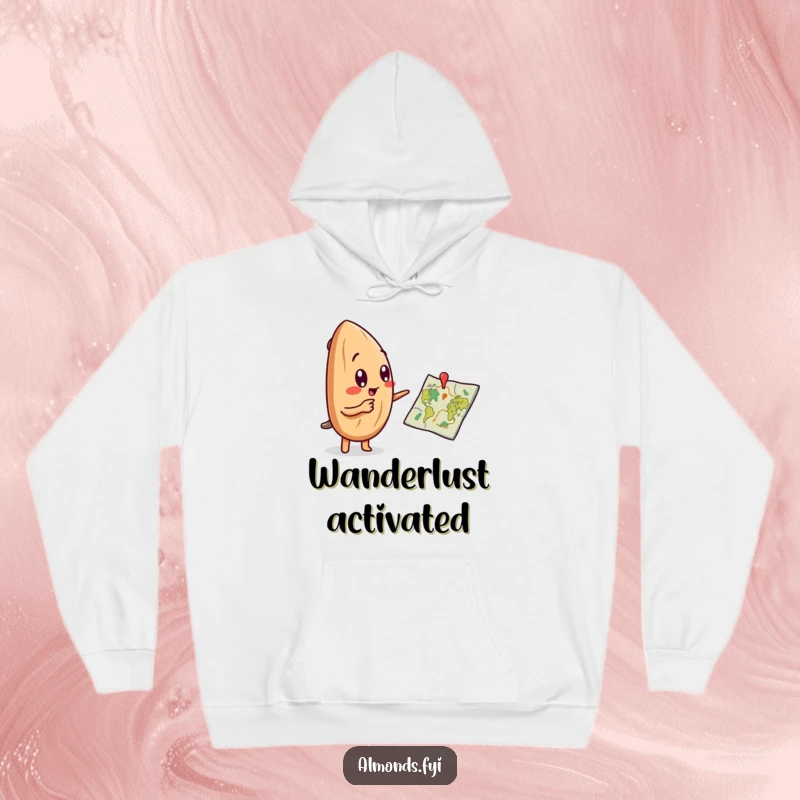Funny hoodie showcasing a curious almond character gesturing enthusiastically at a small, intriguing map.