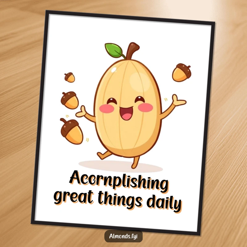 Funny Free Printable Wall Art: A cheerful almond character gleefully juggling tiny acorns, adding humor to decor.