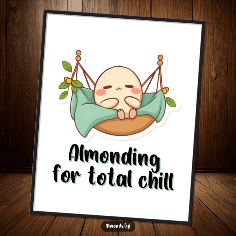Funny Free Printable Wall Art: A content almond character is depicted lounging in a hammock, embodying ultimate relaxation and peace.