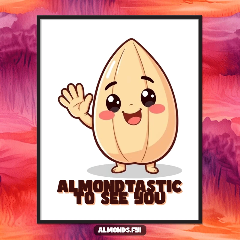 Funny Free Printable Wall Art: A delighted almond character waving a big, happy hello, cheerful downloadable decor.