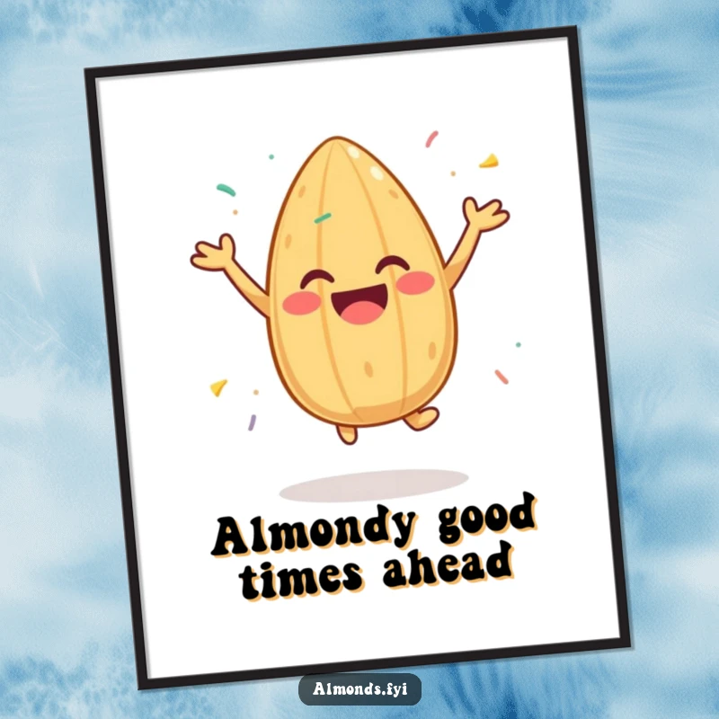 Fun Free Printable Wall Art: Cheerful almond doing a joyful jump with sprinkles, vibrant decor, downloadable art.