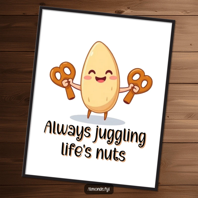 Funny Free Printable Wall Art: A smiling almond character merrily juggling three giant pretzel sticks, adding joy to any room.