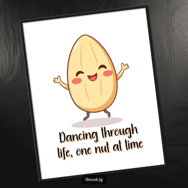 Funny Free Printable Wall Art: Smiling almond character doing a joyful little dance with tiny legs.