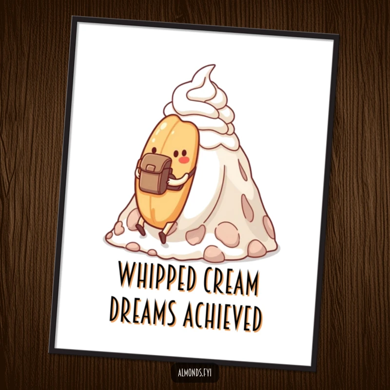 Funny Free Printable Wall Art: Determined almond with tiny backpack hiking a mountain of whipped cream, inspirational art.
