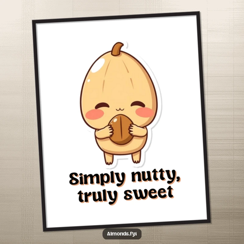 Funny Free Printable Wall Art of a shy almond character blushing and offering a small nut, radiating sweet and subtle humor.
