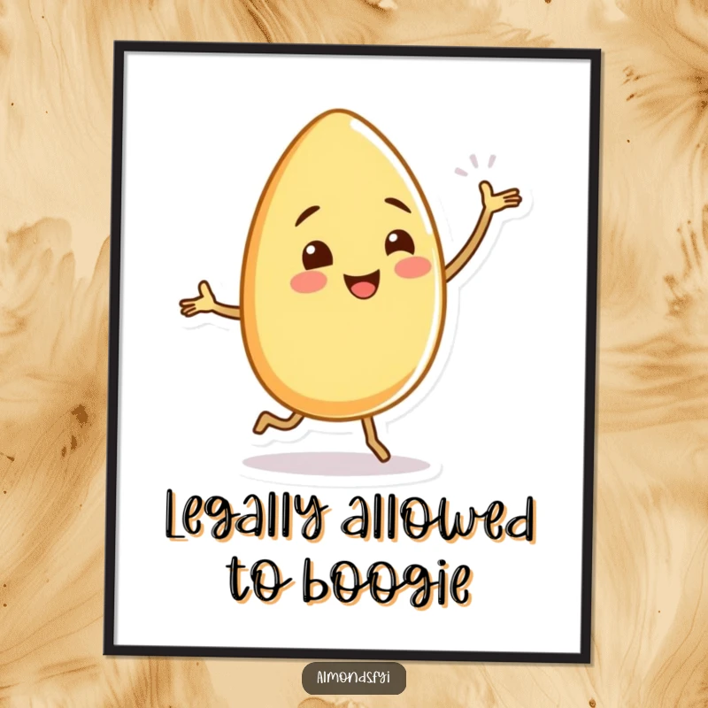 Funny Free Printable Wall Art: Cheerful almond character doing a silly dance with tiny, wiggling legs, adding joy to decor.