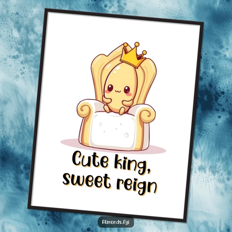 Funny Free Printable Wall Art: Shy almond adorned with a tiny crown hesitantly tries to occupy a towering sugar cube throne, exuding awkward charm.