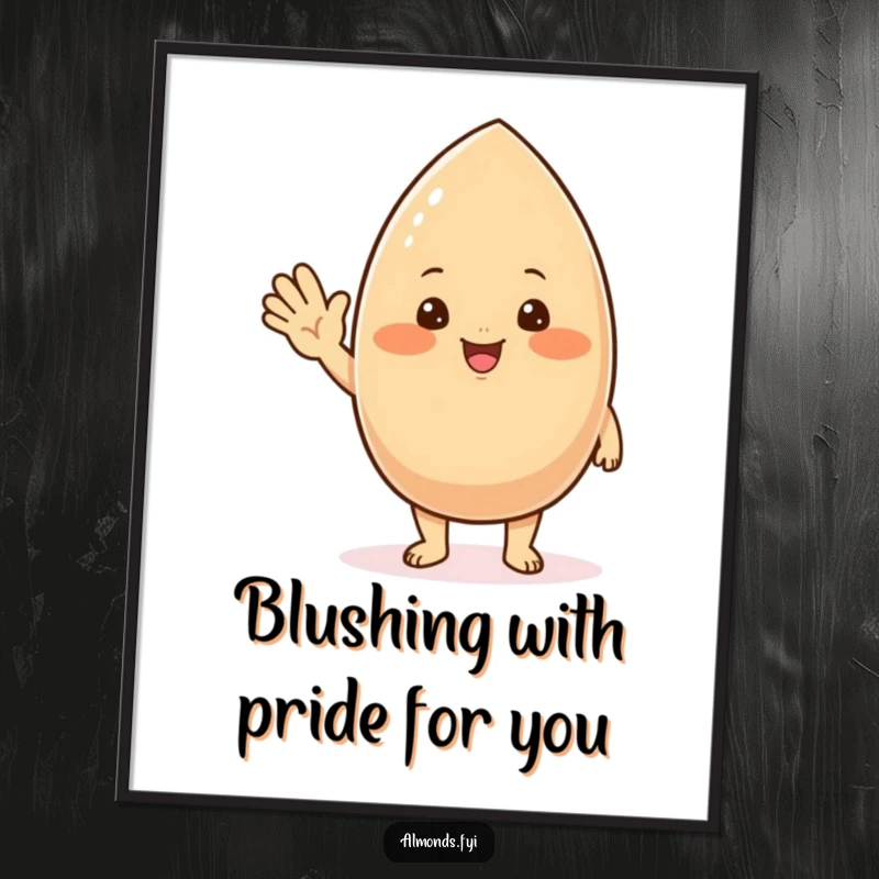 Funny Free Printable Wall Art: A chubby, blushing almond character offering a friendly and welcoming wave.