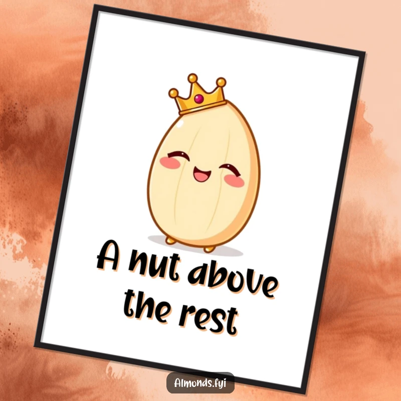 Funny free printable wall art of a giggling almond wearing a tiny crown, looking regally amused and happy.