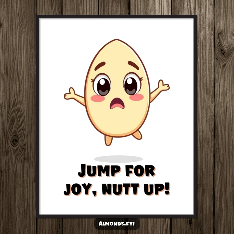 Funny Free Printable Wall Art: Surprised almond character with wide eyes doing a silly jump, offering whimsical decor.
