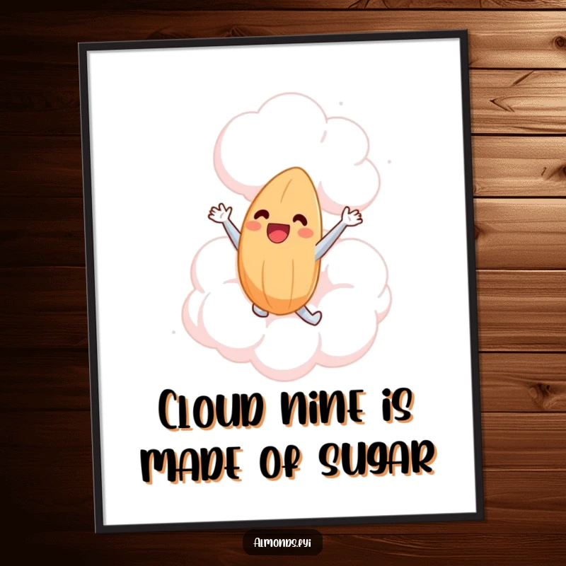 Funny Free Printable Wall Art: Almond joyfully leaps into a giant, friendly marshmallow cloud, a dreamy scene.